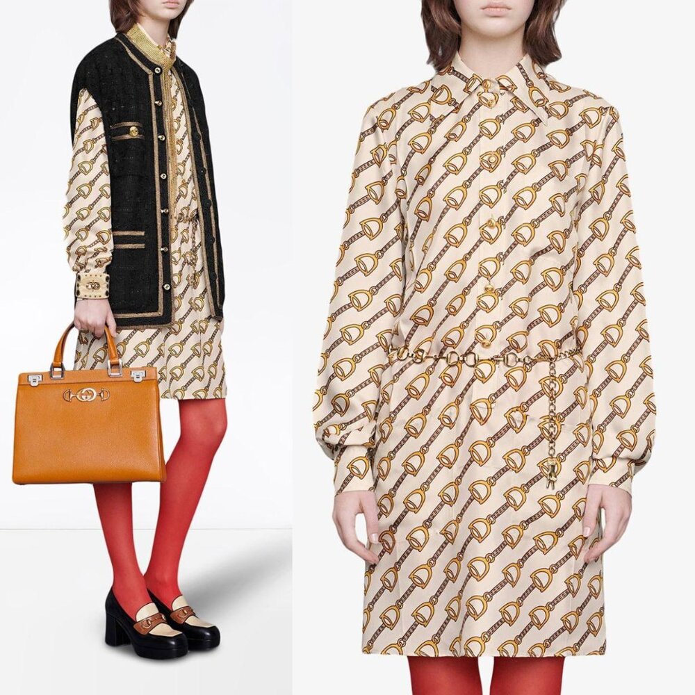 GUCCI DRESS SILK WITH STIRRUPS PRINT GOLDTONE CHAIN BELT sz IT 40 US 4